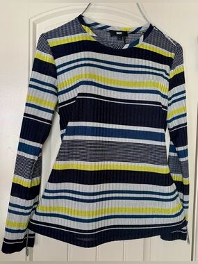 DKNY Striped Ribbed Crewneck Long Sleeve Top — Navy, White & Lime Accent Size S